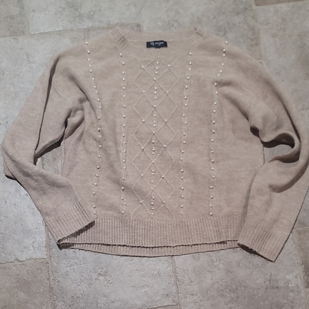 Chic Beige Sweater with Pearl Details